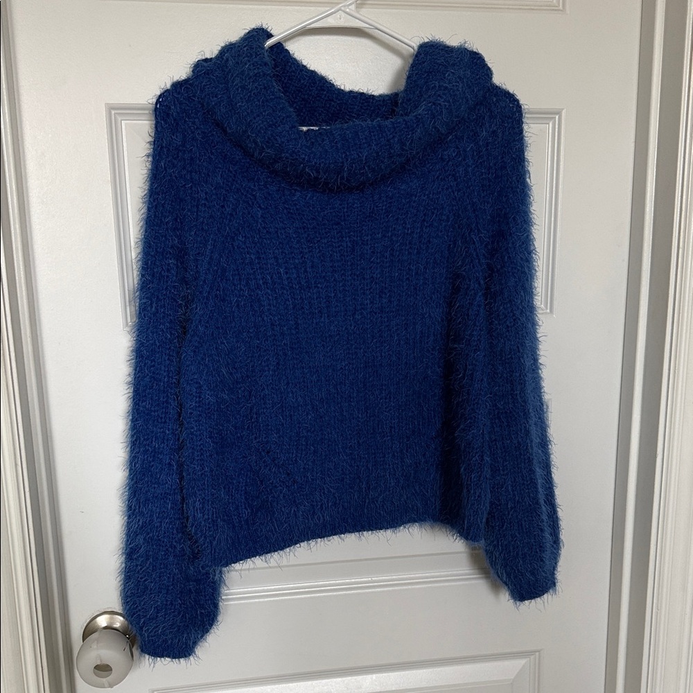 Mainstrip Blue Fuzzy Cowl Neck Sweater Sz M/L